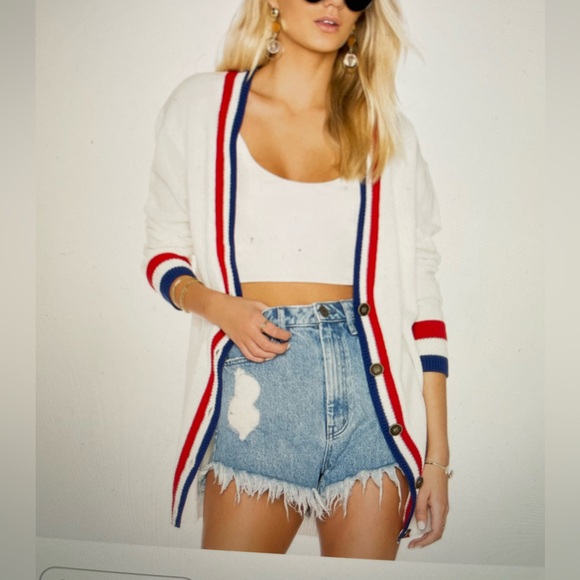 SHOW ME YOUR MUMU Lambert Cardigan womens 2XL Varsity USA Stripe Red White Blue - Picture 2 of 11